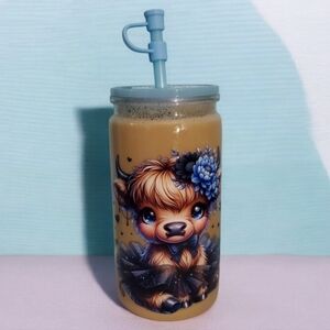16 oz Snow Globe "Iced Coffee" TuTu Cow Blue Tumbler "Half Mom Half Iced Coffee"